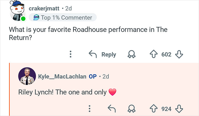 Kyle MacLachlan from Twin Peaks responding to a fan question about his favorite Roadhouse performance.