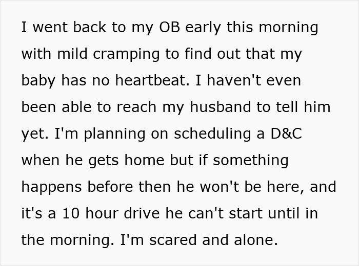 Text message expressing fear and loneliness after discovering no heartbeat in pregnancy, unrelated to Hamburglar step-mom food theft.