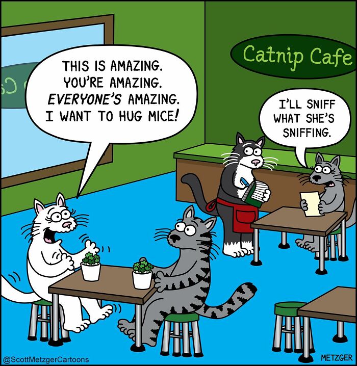 Cats and dogs in a comic at Catnip Cafe, with cats expressing excitement about mice and sniffing behavior.