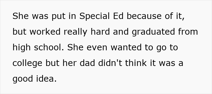 Text image showing a story excerpt about a woman placed in Special Ed who graduated but faced family challenges.