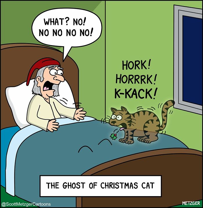 Cartoon of a man startled by a cat hacking on a bed, illustrating comics about sharing a home with cats and dogs.