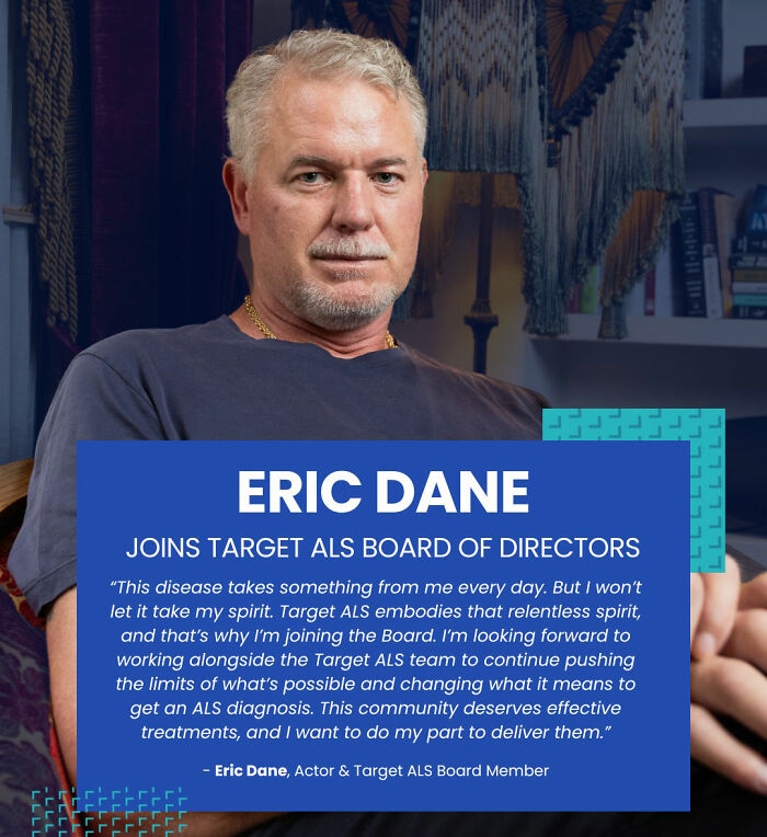 Eric Dane in a casual setting, discussing his role on the Target ALS Board and raising awareness about ALS disease.