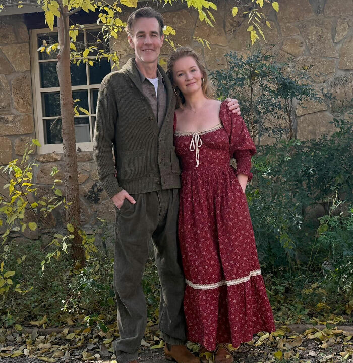 James Van Der Beek and woman posing outdoors in autumn setting, conveying Alfonso Ribeiro last goodbye emotions.