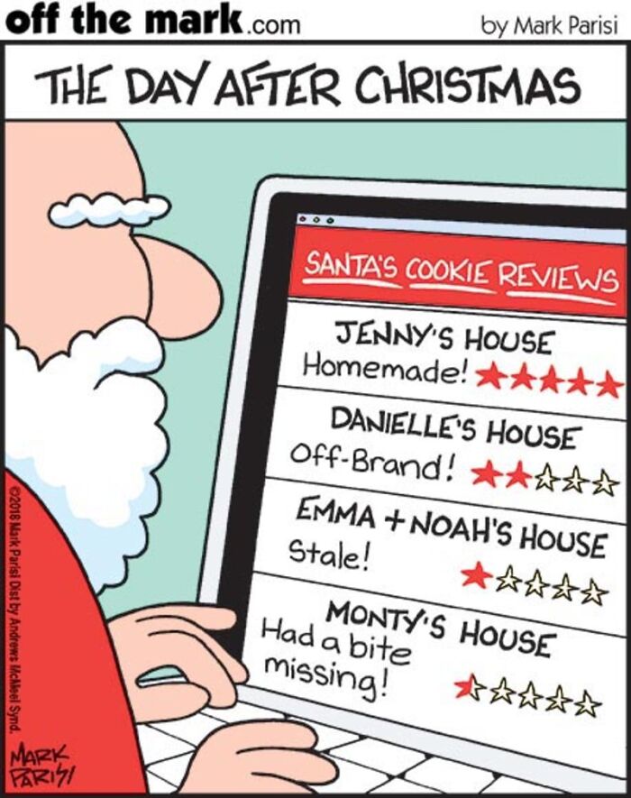 Santa checking online cookie reviews for technology and internet life in a humorous comic by Mark Parisi.