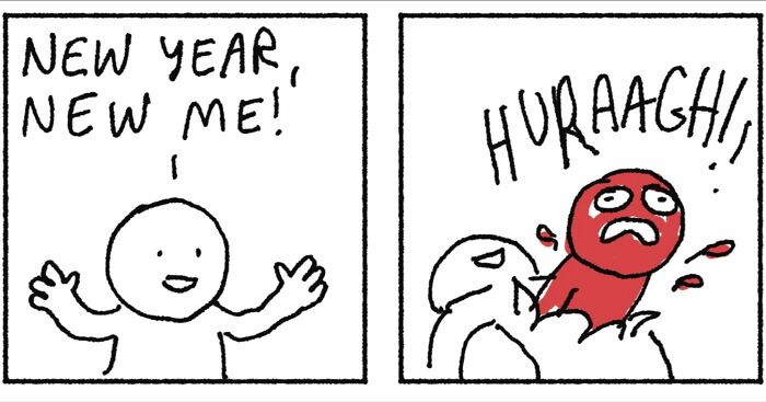 Two-panel comic by Ben Zaehringer showing a cheerful figure and a sudden darkly funny twist scene.