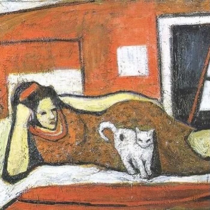 Abstract artwork of a reclining person with a white cat, showcasing cat-themed artworks throughout history in a community style.