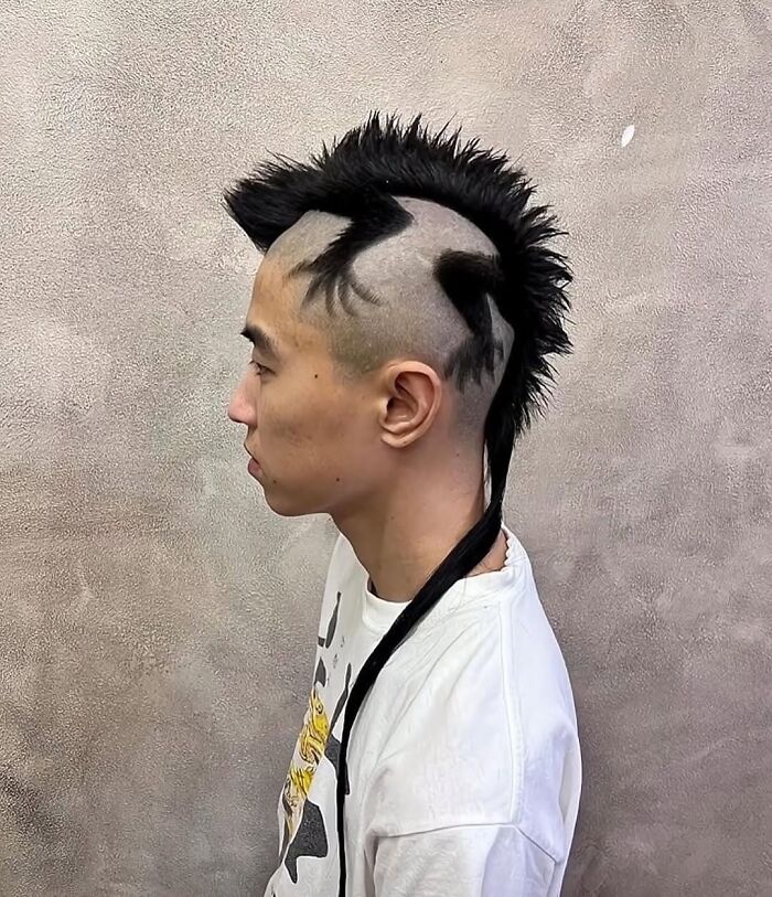 Young man with a weirdly hilarious mohawk hairstyle featuring shaved animal shapes and a long braided tail strand