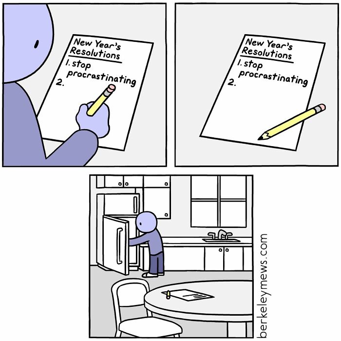 Comic by Ben Zaehringer showing a character’s New Year’s resolution to stop procrastinating with a darkly funny twist.