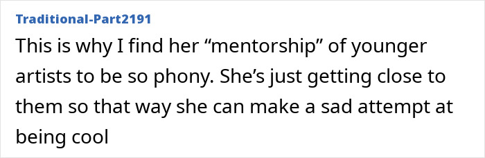 Text comment on a forum criticizing the mentorship of younger artists, discussing originality and influence in music videos.