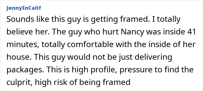 Commenter JennyInCalif expressing belief in Nancy Guthrie's kidnapping case, discussing suspicion and risk of being framed.