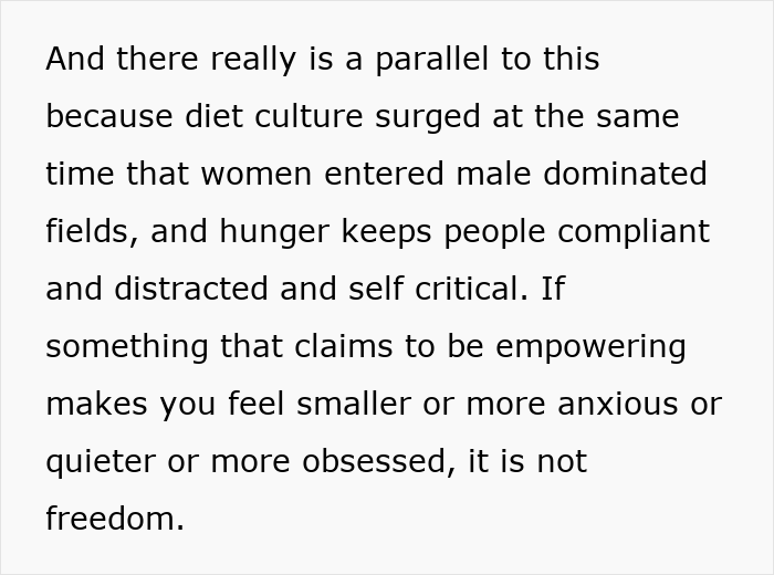 Text excerpt discussing how beauty standards and diet culture affect women, causing anxiety and self-criticism instead of freedom. Text excerpt discussing how beauty standards and diet culture affect women, causing anxiety and self-criticism instead of freedom.
