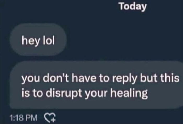 Text message meme showing sarcastic humor with the phrase disrupting healing, fitting hilarious memes with cynicism.