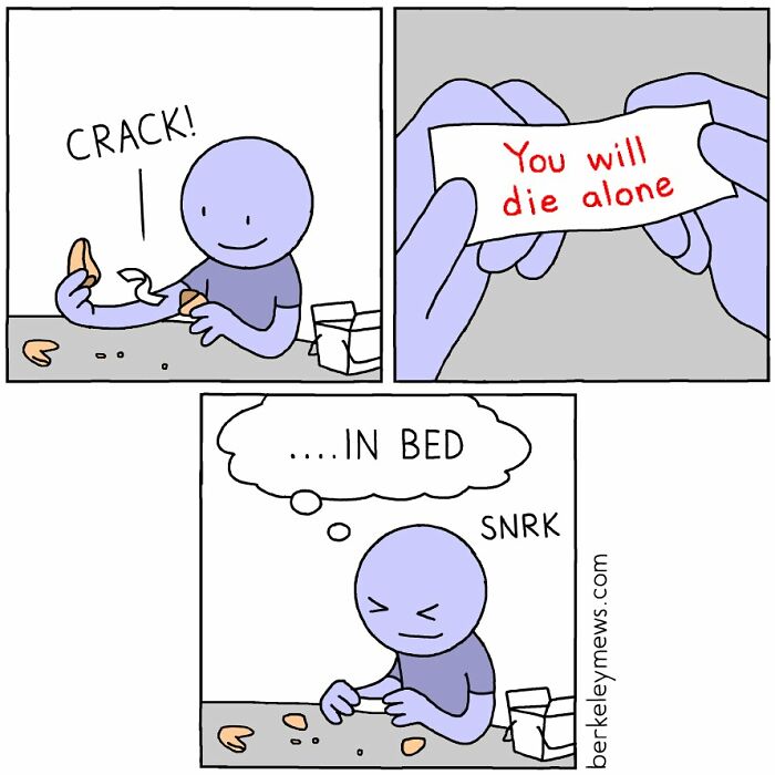 Comic by Ben Zaehringer shows a character cracking a fortune cookie with a darkly funny message inside.
