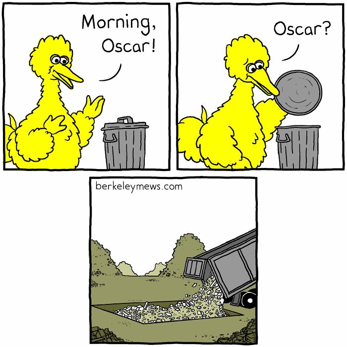 Comic strip by Ben Zaehringer featuring a yellow bird turning darkly funny as garbage is dumped in a pit.