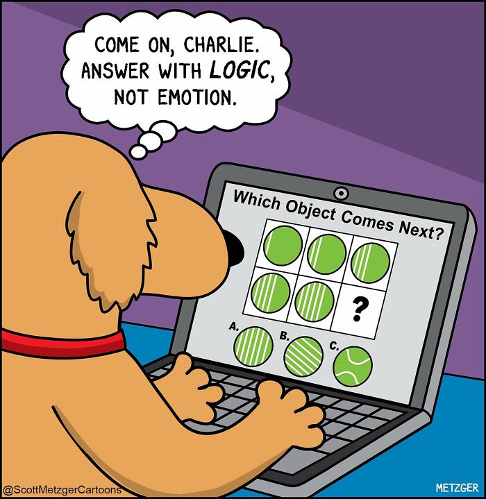 Dog solving a puzzle on a laptop, thinking about logic vs emotion, comic about sharing a home with cats and dogs.