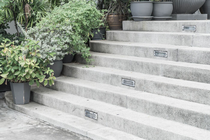 Concrete stairs with potted plants along the side, illustrating a brutal wake-up call to remove oneself from a nasty situation.