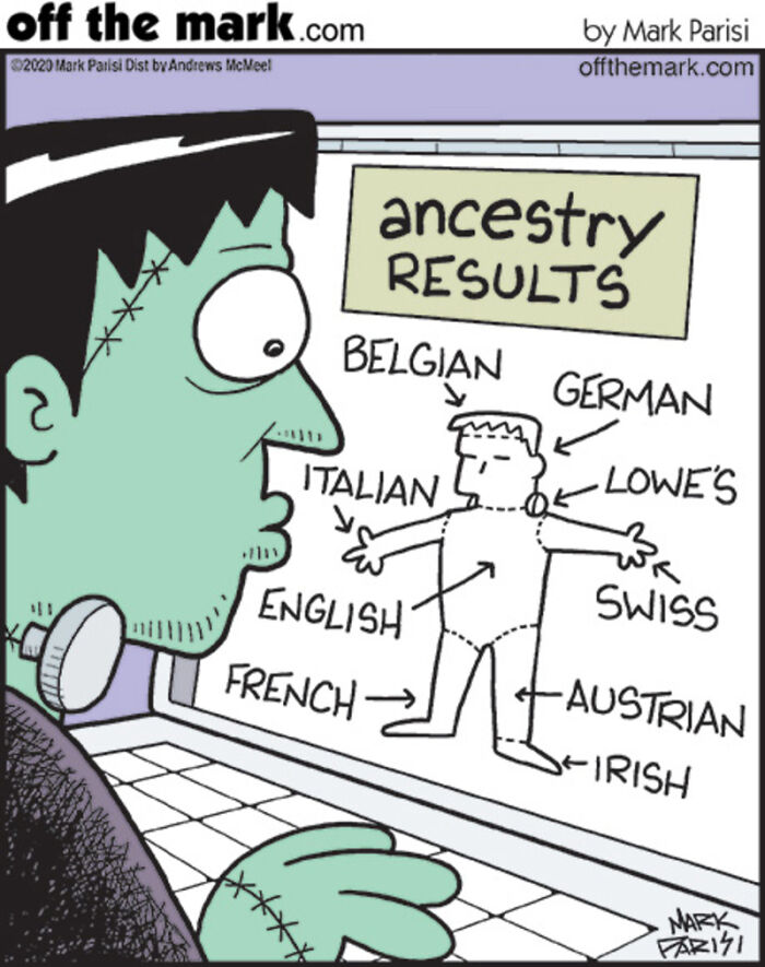 Green Frankenstein character looking at ancestry results on a laptop, humorously labeled with various nationalities.