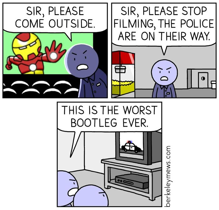 Comic panels by Ben Zaehringer featuring darkly funny scenes with a character told to stop filming as police arrive.