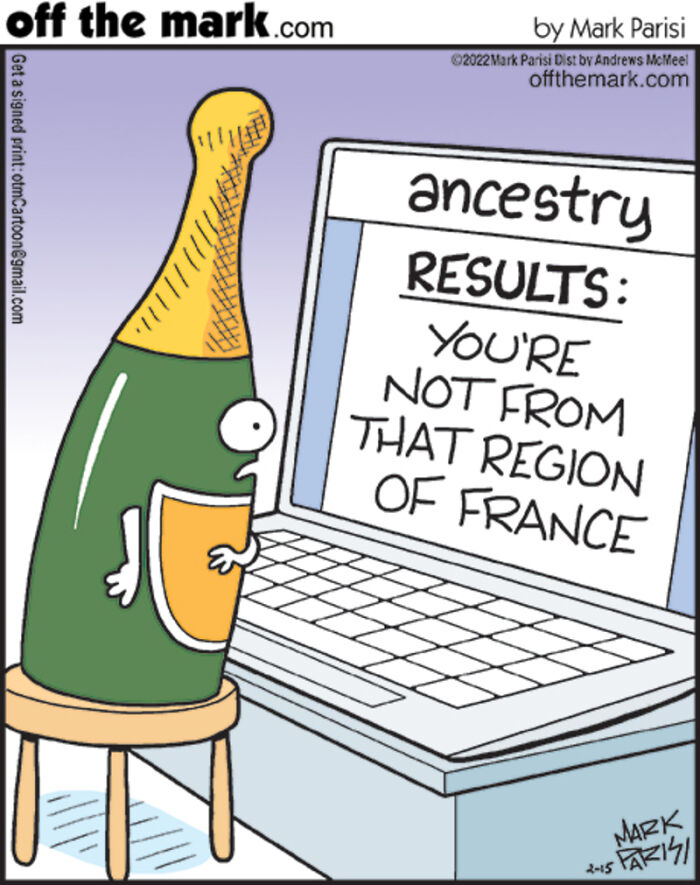 Cartoon of a champagne bottle checking ancestry results on a laptop, humorously related to technology and internet life.