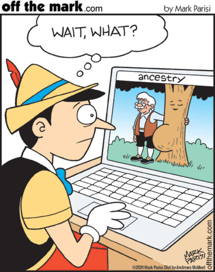 Pinocchio looking surprised at a laptop screen showing an ancestry website in a humorous technology comic.
