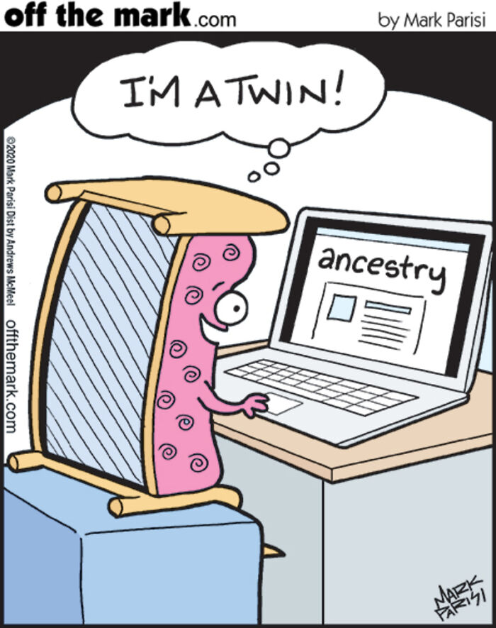 Cartoon character resembling a chair searching ancestry on a laptop, showcasing technology and internet life humor by Mark Parisi.