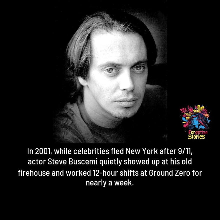 Black and white portrait of a man with text about forgotten stories revealing Steve Buscemi's 9/11 firehouse efforts.