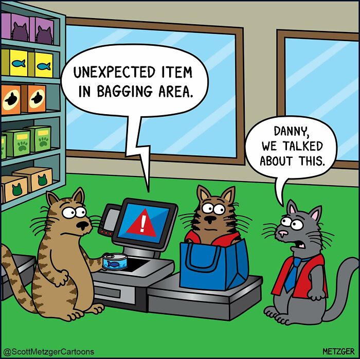 Cartoon cats and dogs at a checkout with a comic highlighting unexpected items in bagging area, sharing a home humor.