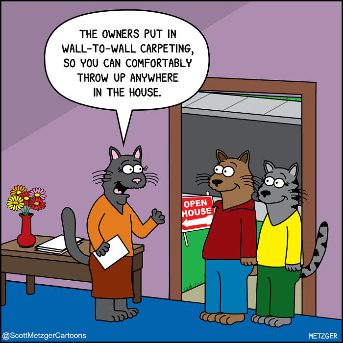 Cartoon of cats and dogs sharing a home, highlighting humorous pet behaviors and living together with pets.