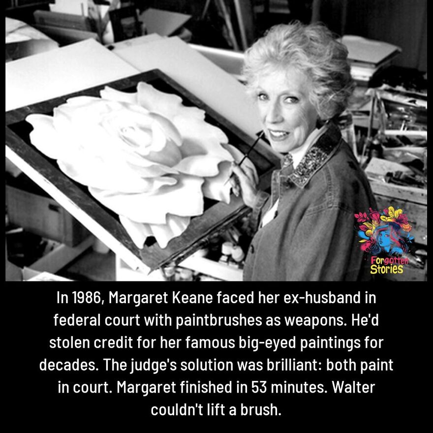 Black and white image of artist Margaret Keane painting a large flower, highlighting forgotten stories needing more attention.