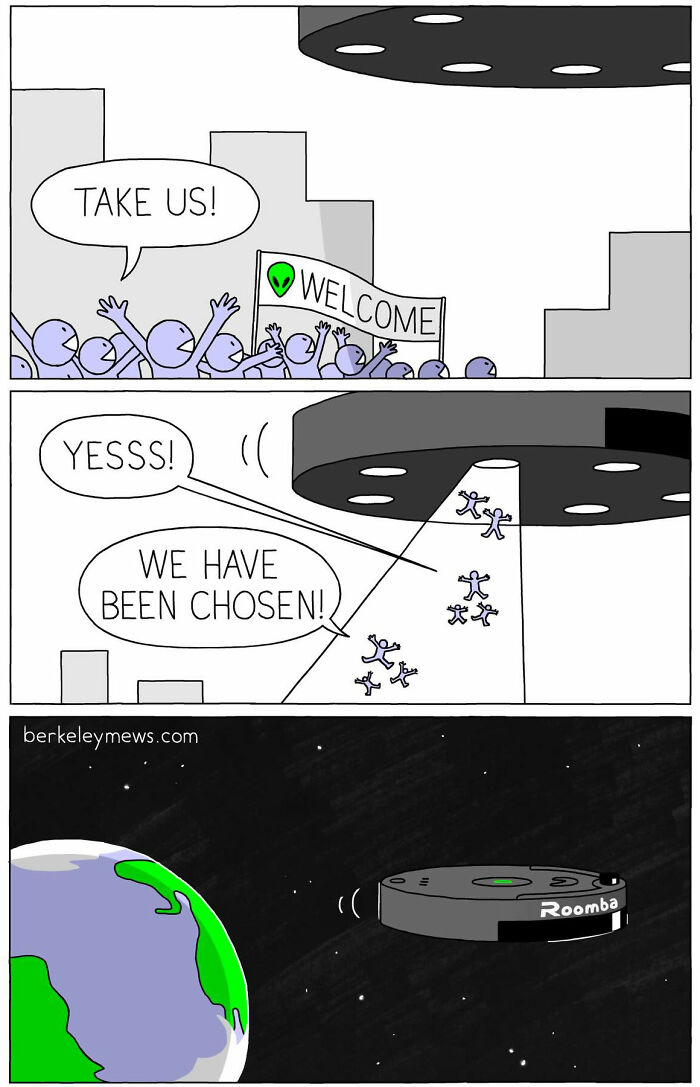Alien abduction comic by Ben Zaehringer showing people taken aboard a UFO that is actually a Roomba in space.