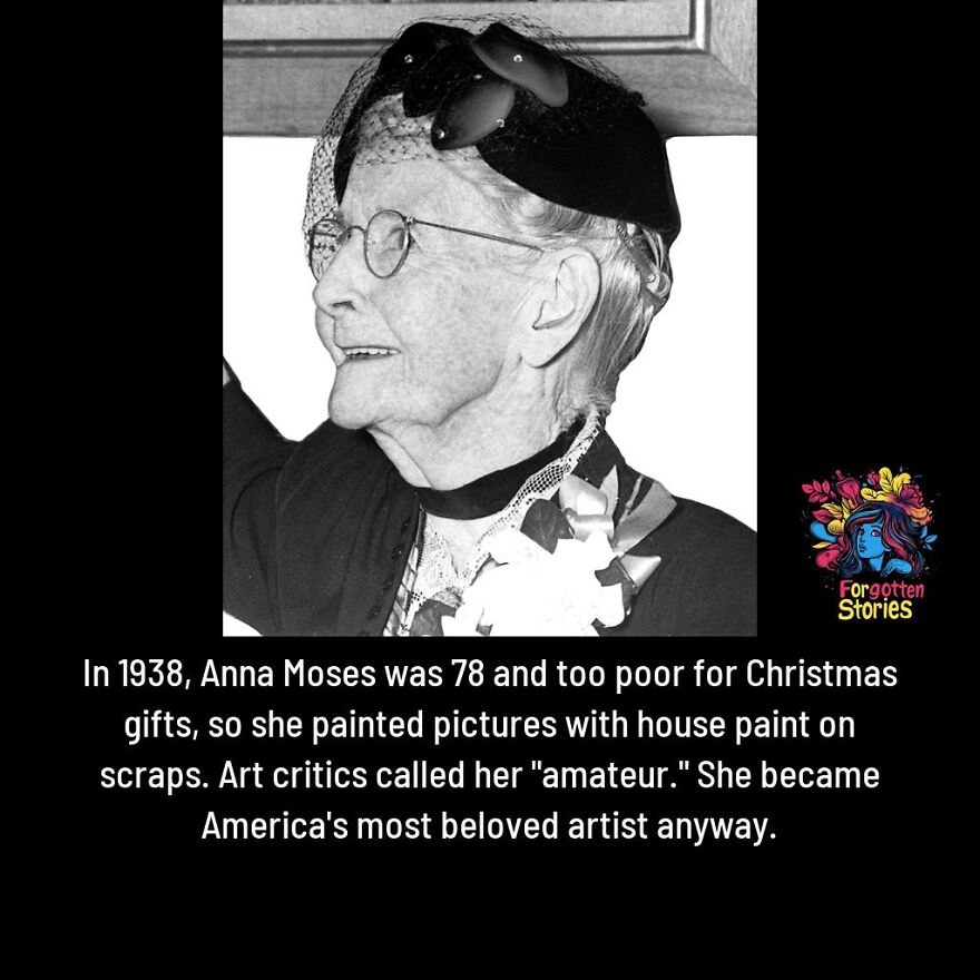 Black and white photo of elderly woman Anna Moses with text about forgotten stories of her art journey.