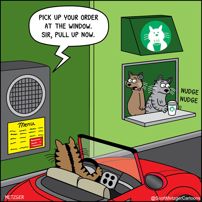 Cat and dog comic at a drive-thru, showing the humor of sharing a home with pets in illustrated scenes.