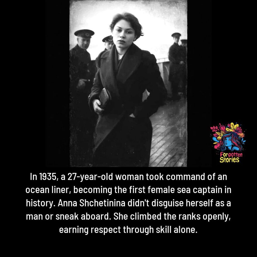 Black and white photo of a young woman in 1935 who became the first female sea captain, featured in forgotten stories.
