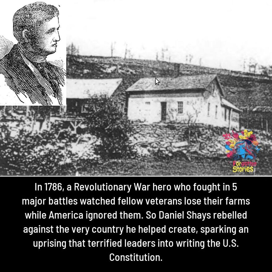 Sketch of Revolutionary War hero Daniel Shays and an old farm, highlighting forgotten stories of American uprisings and veterans.