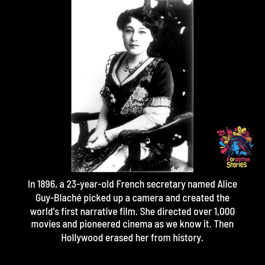 Black and white photo of Alice Guy-Blaché, pioneer filmmaker featured on a Facebook page uncovering forgotten stories.