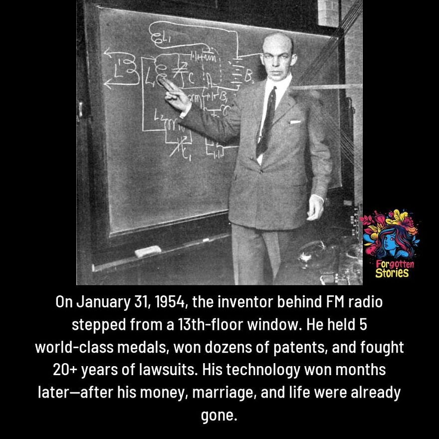 Inventor behind FM radio explaining circuit design in black and white photo for forgotten stories needing more attention.