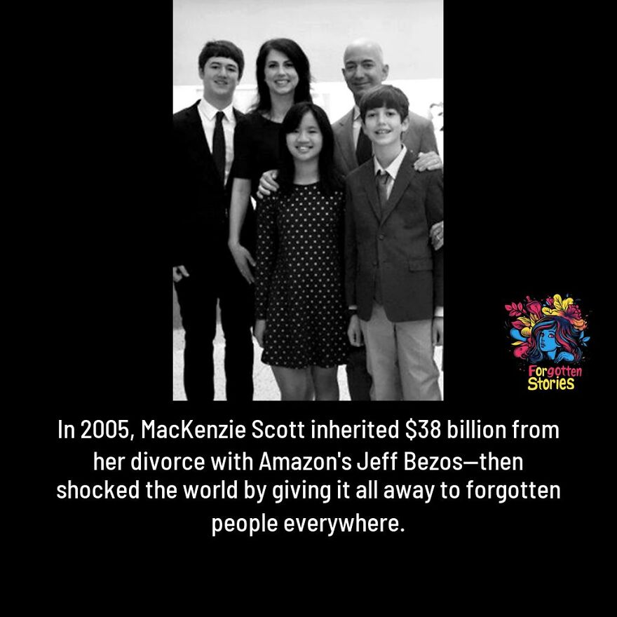 Black-and-white photo of a family with text about forgotten stories and philanthropy by MacKenzie Scott.