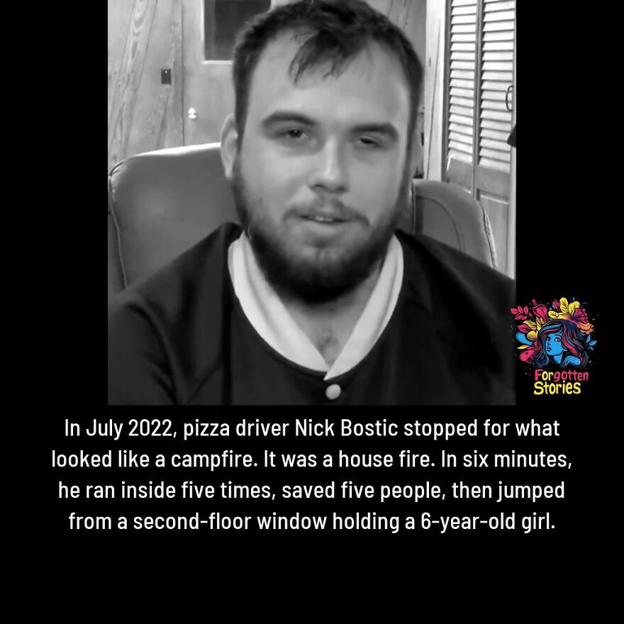 Black and white photo of a man sharing a forgotten story about a heroic rescue featured on a Facebook page.