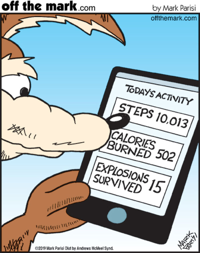Dog holding a smartphone showing fitness tracker with steps, calories burned, and explosions survived in a technology comic.