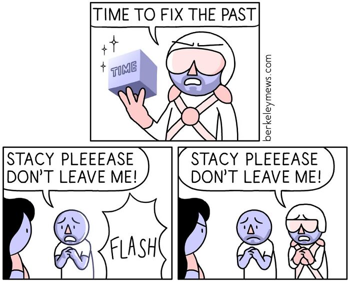 Comic strip by Ben Zaehringer featuring darkly funny characters pleading not to be left behind in a time-fixing scenario.