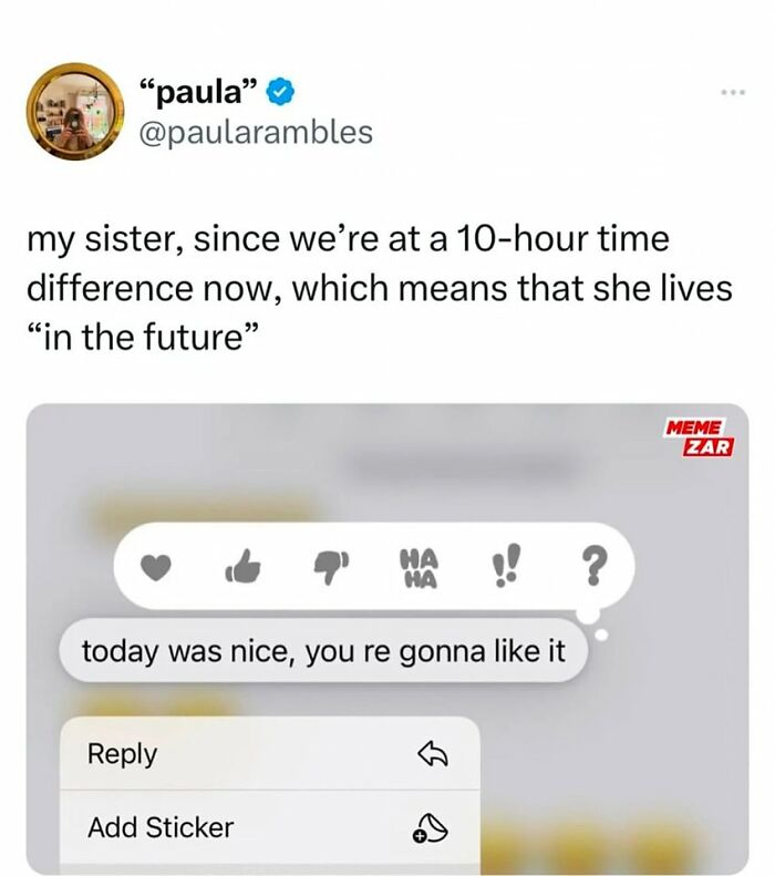Tweet about a 10-hour time difference with a humorous message, part of hilarious memes with a hint of cynicism.