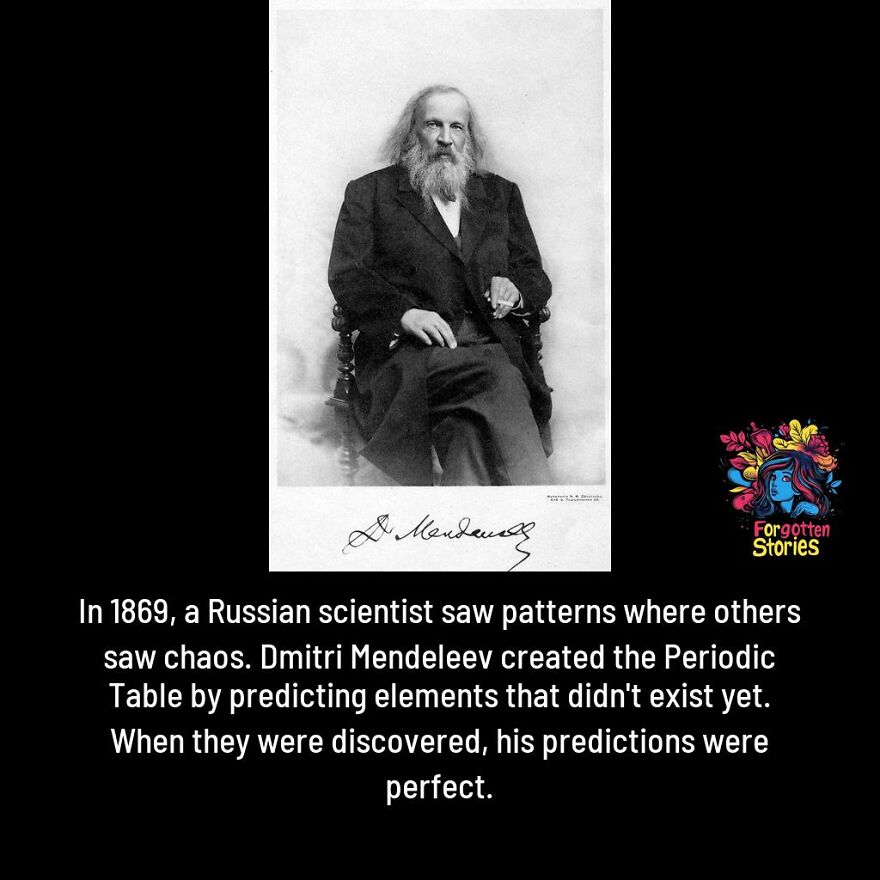 Black and white photo of Dmitri Mendeleev with text about forgotten stories uncovering historical scientific achievements.