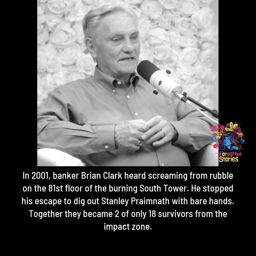 An elderly man speaking into a microphone sharing forgotten stories of survival and heroism from tragic events.