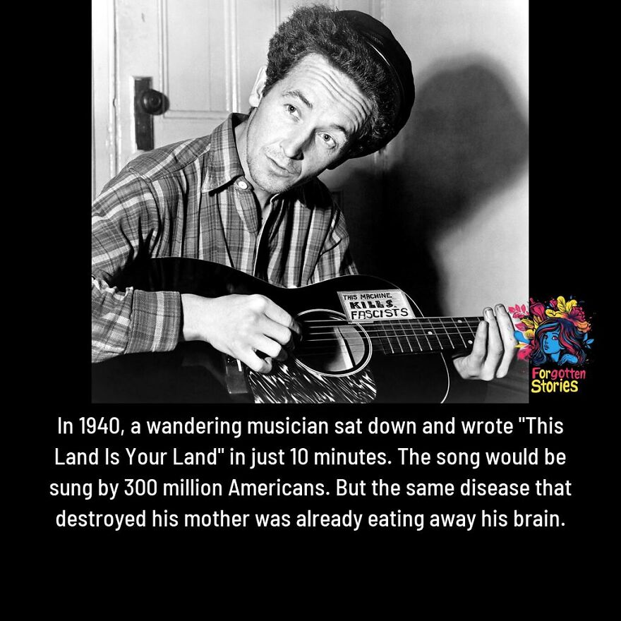 Black and white photo of a musician playing guitar with a sticker, related to forgotten stories and history.