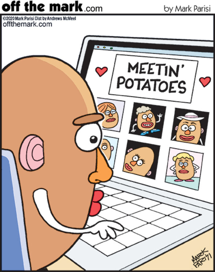Cartoon of a potato using a laptop on a dating app called Meetin' Potatoes, illustrating technology and internet life humor.