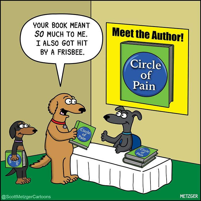 Cartoon dogs at a book signing for Circle of Pain, humorously illustrating life sharing a home with cats and dogs.