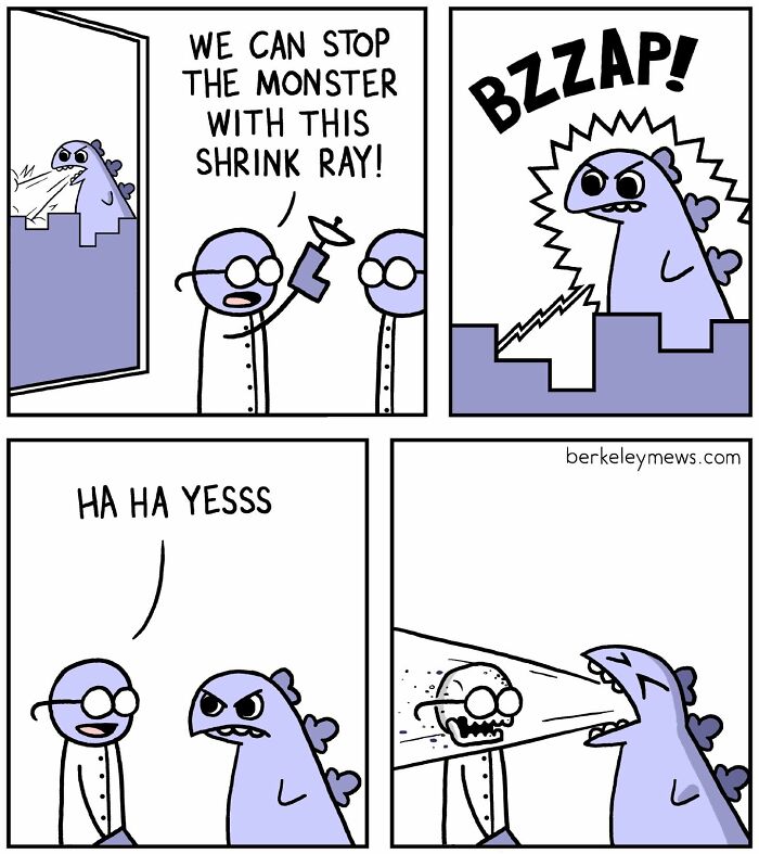Comic by Ben Zaehringer depicts a darkly funny twist with scientists, a shrink ray, and a monster attacking.
