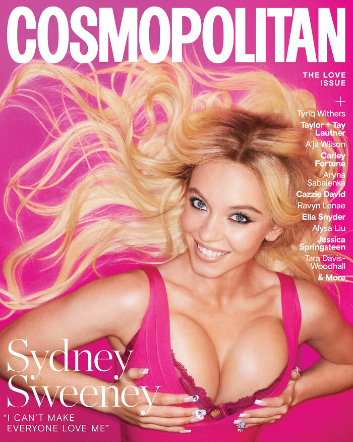 Sydney Sweeney posing in lingerie with flowing hair against a bright pink background for marketing promo.
