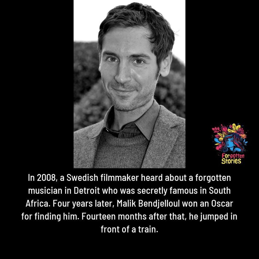 Black and white image of a man with text about a forgotten musician uncovered by a Facebook page sharing forgotten stories.