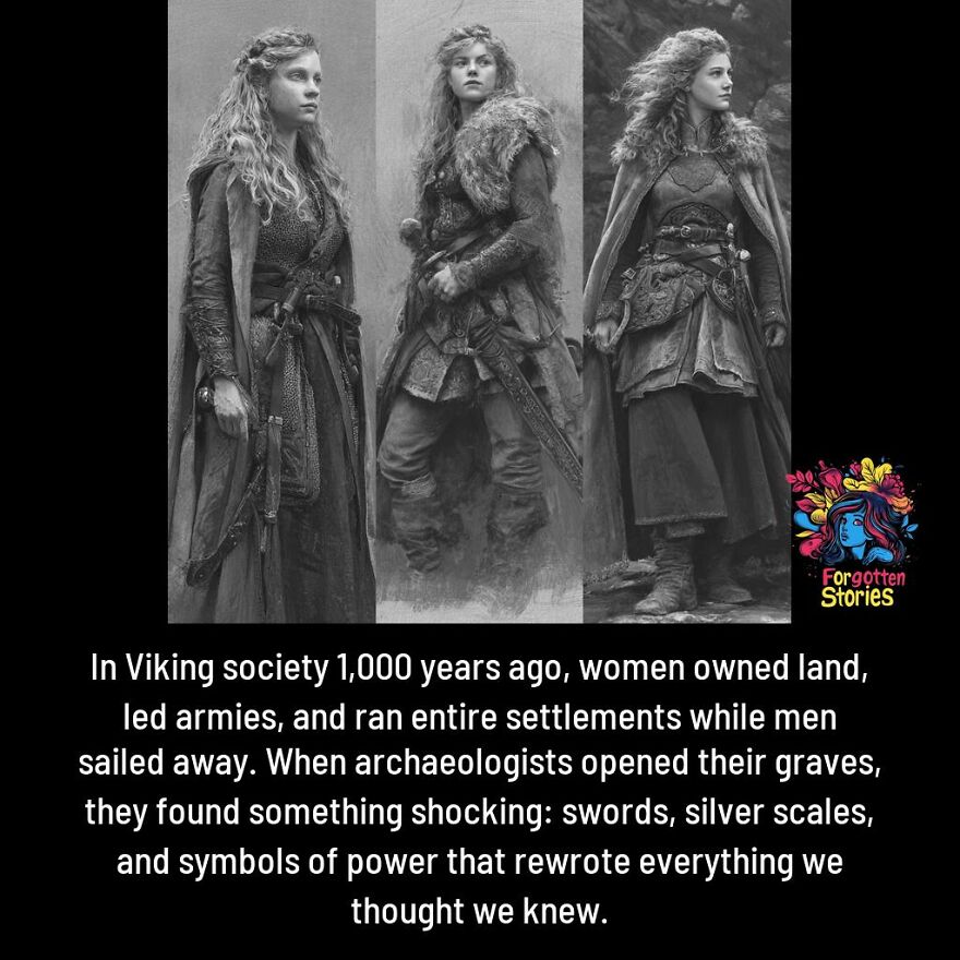 Three Viking women in traditional warrior attire with swords, representing forgotten stories from history.